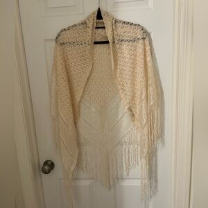 Cream Fringed Knit Shawl